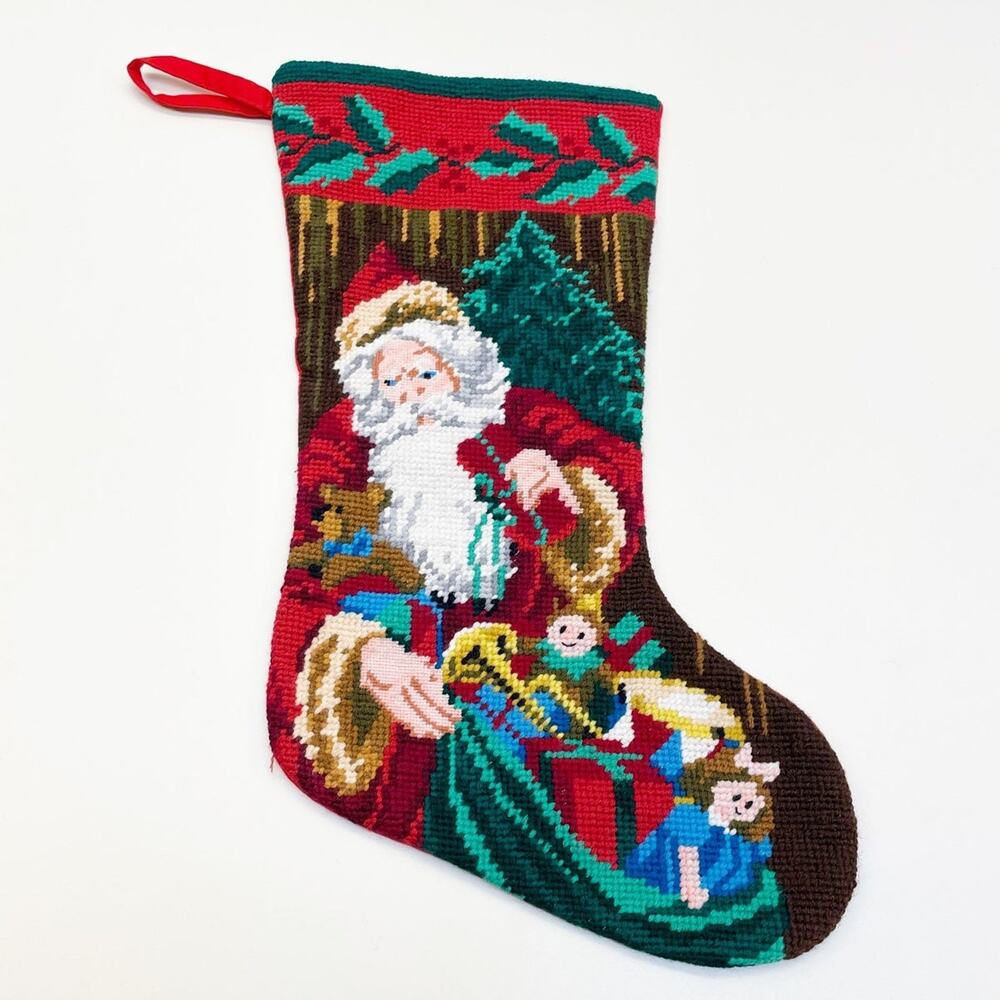Vintage Needlepoint Wool Christmas Stocking Santa Bag of Toys